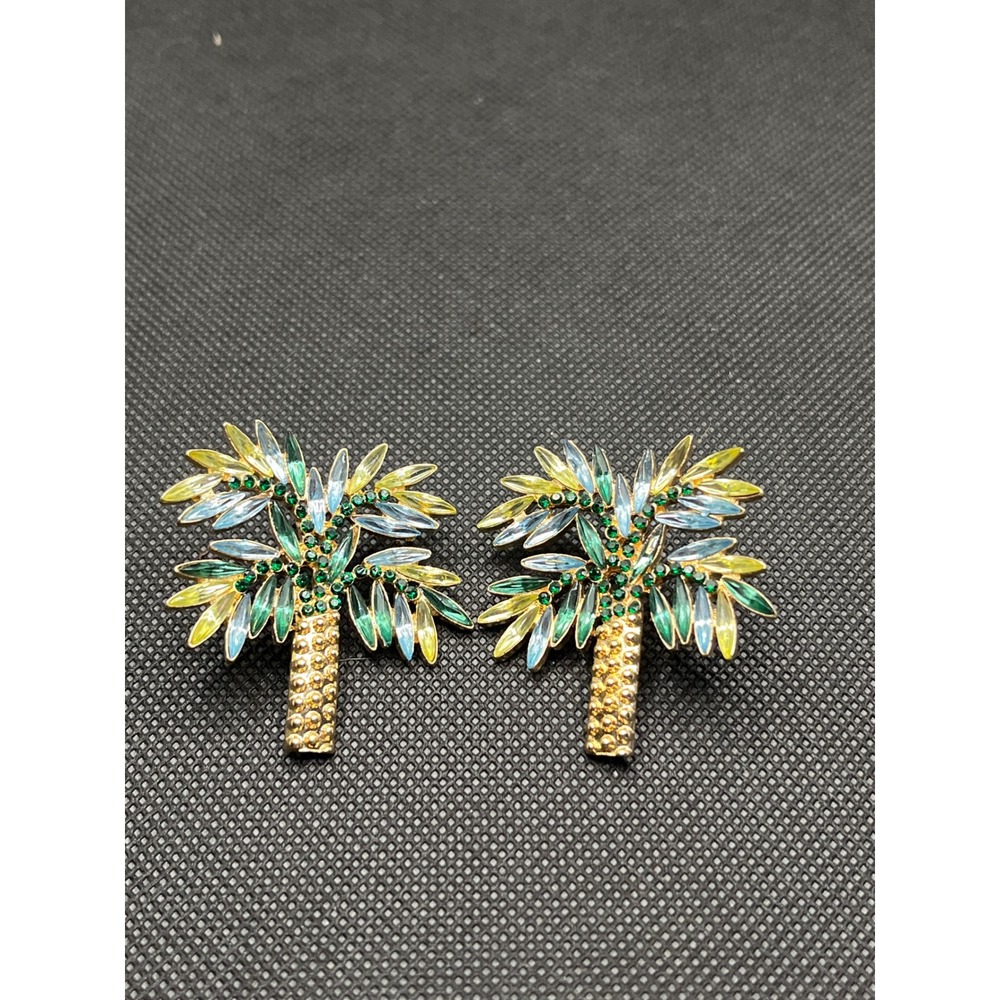 Palm Tree Crystal Statement Stud Earrings Gold Tone Tropical Resort Vacation